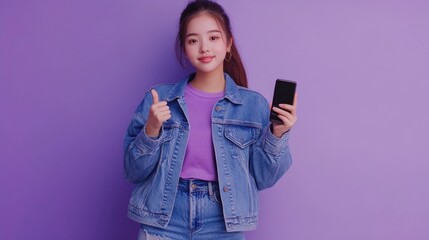 Fototapeta premium A woman wearing a denim jacket holds a cell phone, possibly waiting for someone or checking messages