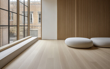 Fototapeta premium Minimalist interior design featuring a serene space with round cushions by large windows