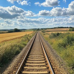 Fototapeta premium Close up view of a double railroad track in a rural agricultural landscape on a sunny day, with fields in the background.