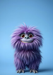 Obraz premium Funny purple fluffy monster on a clean blue background. Joyful and soft little monster. Charming yeti. Halloween character.
