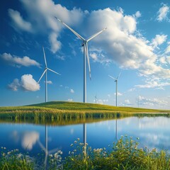 Three wind turbines are on a hillside next to a lake