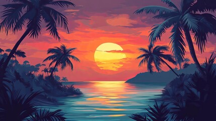 A vibrant sunset over a calm ocean, with silhouettes of palm trees framing the scene, creating a tropical paradise feel.