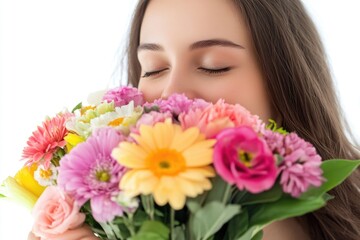 Naklejka premium A woman holds a bunch of flowers in front of her face, possibly hiding emotions or seeking privacy