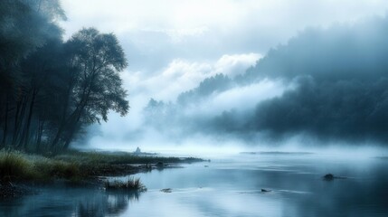 Dense morning fog rolling over a slow-moving river, with barely visible trees lining the riverbank