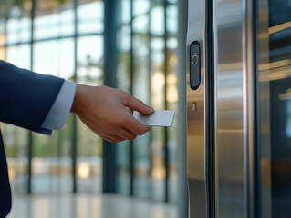 Illustration of staff scanning card at modern and stylish office door scanner.
