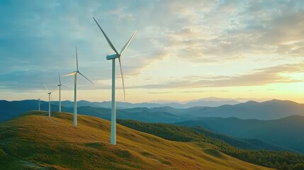 Three wind turbines are on a hillside, with the sun setting in the background