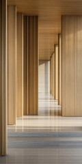Obraz premium Modern architectural interior with wooden pillars and reflective flooring during daytime