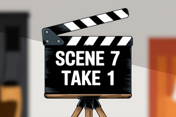 Clapperboard on a tripod, with the text scene 7, movie and cinema concept, white background.