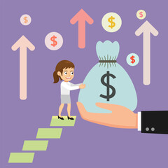 A woman receives a large money bag from a big hand. Boss giving money or bonus. Increased income. Flat, Vector, Illustration, Cartoon, EPS10.   