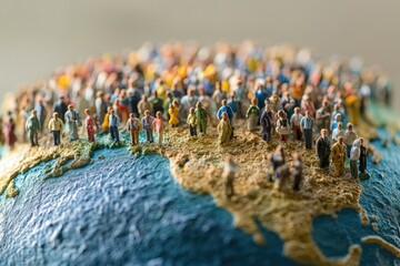 A group of tiny figures standing on the surface of a large globe, ideal for use in illustrations and designs about travel, exploration, or small-scale concepts