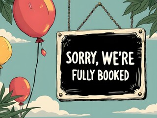 Illustration of hanging sign "Sorry, we're completely fully booked"
