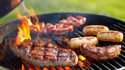 Juicy steak and sausages grilling on a hot barbecue.