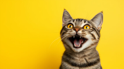 Obraz premium Portrait of a happy and excited cat with yellow eyes on isolated yellow background