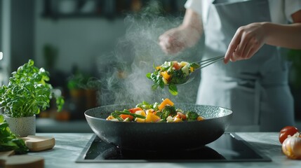 A person is cooking vegetables in a pan on a stove