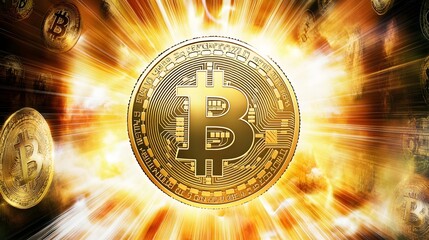 A golden Bitcoin explodes with light, symbolizing its growth and value.