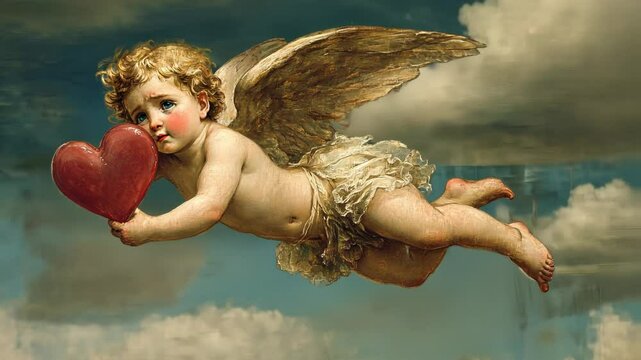 A cherubic angel holds a red heart, symbolizing love and tenderness for Valentine's Day