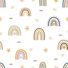 Cute rainbow seamless pattern with clouds on white background, used for print, decor, wallpaper, baby clothes, textiles