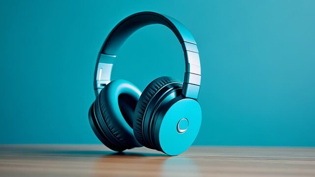 Blue wireless headphones on a wooden surface against a blue background, symbolizing music and technology