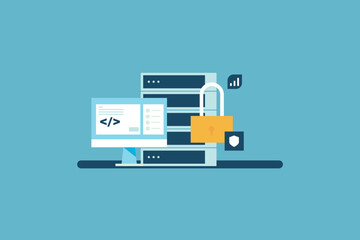 Cyber Security concept, Server protected with anti virus, Cyber security system protecting from cyber attack, Data security, Vector illustration concept.