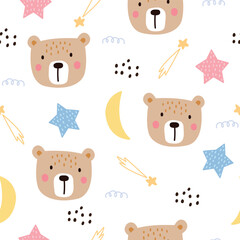 Baby seamless pattern Brown bear face Cute hand-drawn animal background in child style