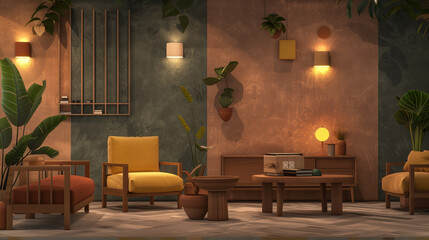 Cozy Café Interior with Warm Lighting and Earthy Decor,  terracotta, mustard yellow and olive green minimalistic interior background wall mockup 3d render	
