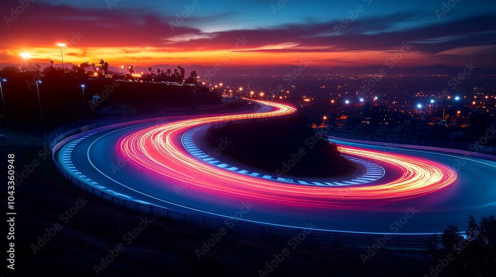 Poster as the sun sets, vivid light trails create a mesmerizing pattern along a winding road, showcasing th