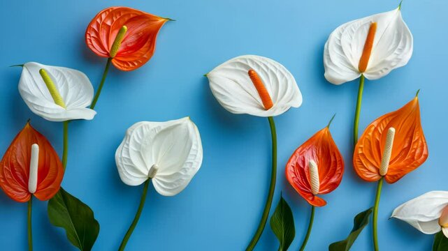 White and orange anthurium flowers are arranged on a blue background