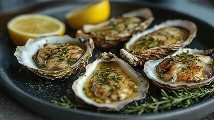 Delicious grilled oysters with lemon and herbs for gourmet dining