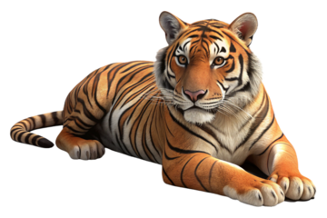 A Bengal tiger lying down with a captivating gaze, showcasing its stripes and muscular build against a stark white background.
