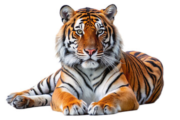Obraz premium A Bengal tiger lying down with a captivating gaze, showcasing its stripes and muscular build against a stark white background. 