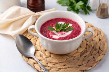 Delicious beetroot soup, Tasty borsch soup as healthy starter and hot
