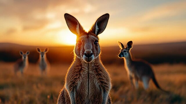Kangaroos in an Australian outback at sunset evoke themes of wildlife and Australia Day celebration