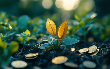 Coins intertwined with thriving plants and arrows, emphasizing financial growth and investment achievements, modern and eyecatching