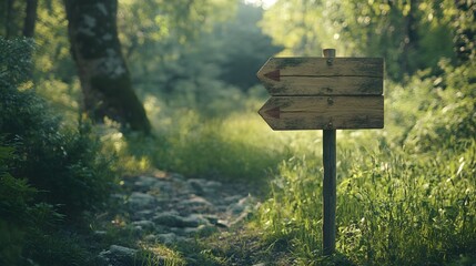 Fototapeta premium A wooden signpost stands on a serene, grassy path surrounded by lush greenery, inviting exploration in nature's tranquil setting.