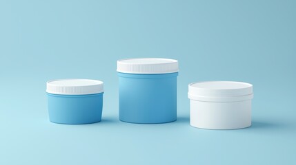 Three containers of different sizes, one blue and two white