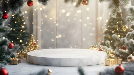 A serene holiday scene featuring a circular display surrounded by festive decorations, glittering lights, and Christmas trees.