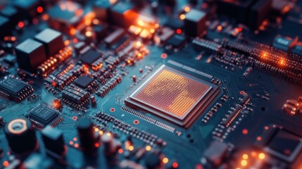 Fototapeta premium Close-up of a circuit board with illuminated components, highlighting technology and innovation.
