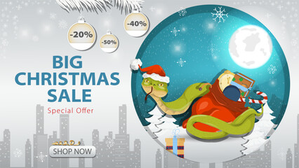 Banner special offer big Christmas sale A snake in a Santa hat wraps around a bag of gifts against the night sky