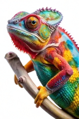 Gordijnen A colorful chameleon perched on a branch, displaying its vivid scales and curious expression against a clean white backdrop.  © pinan