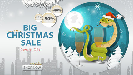 Banner special offer big Christmas sale A snake in a Santa hat wraps around a glass with a drink on the background of the night sky