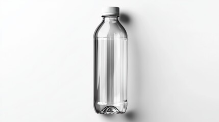A clear bottle of water is sitting on a white background