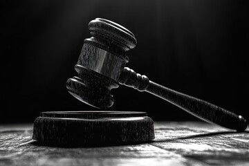 A stark, monochromatic image of a gavel descending, with sharp, angular lines, symbolizing the finality of justice and the power of decision.