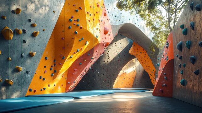 A climbing wall that features numerous rocks on its surface within a gym