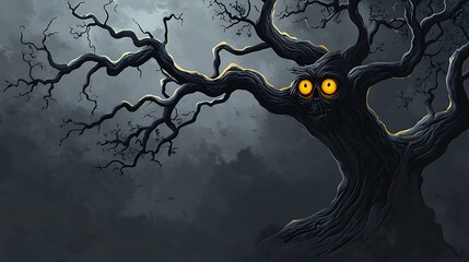 Fototapeta premium Gnarled Tree with Glowing Eyes in Mysterious Landscape