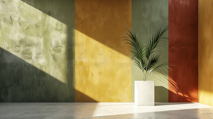 Modern terracotta, mustard yellow and olive green minimalistic interior background wall mockup 3d render	
