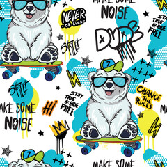 Seamless kids pattern with bear on skateboard. Typography print for kids  . Original design . print for T-shirts, textiles, wrapping paper, web. 