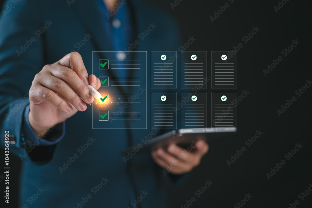 Aufkleber businessman puts a check mark in the online document concept of quality control certificate ,inspect