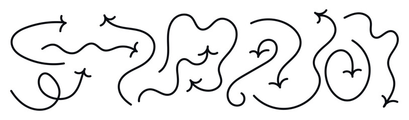 Set of various hand drawn vector design arrows doodle on transparent background. Collection of brush drawn black arrows in the form of airplanes. Template element childish naive doodle vector art