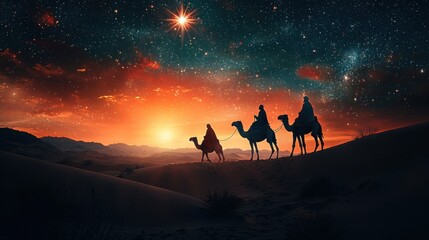 Fototapeta premium Christmas Jesus birth concept - Adoration of the Magi, Three Wise Men, Three Kings, and the Three biblical Magi with camel silhouettes journeying in sand dunes of desert follow Bethlehem star at night