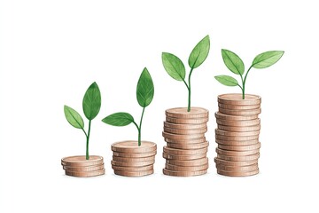 A Graph Made of Coins, With Seedlings Sprouting From Each Bar, Symbolizing Increasing Financial Success